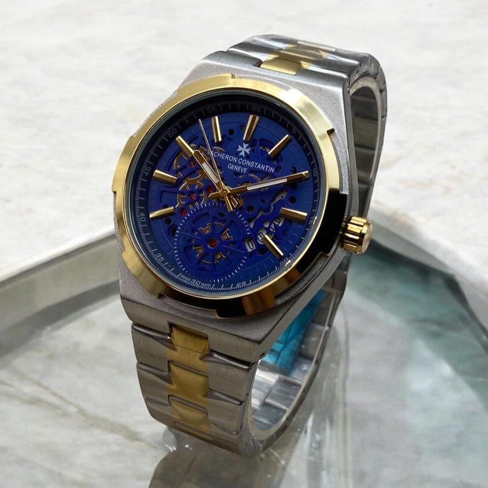 Men's Luxury 2-Tone Skeleton Watch | Royal Blue Dial | Gold + Silver Steel Chain 